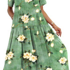 Women Casual Loose Bohemian Floral Dress with Pockets Short Sleeve Long Maxi Sum